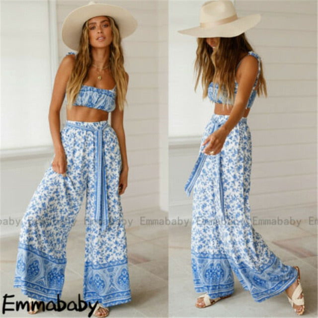 Bustier & Loose Wide Leg Pants 2pcs